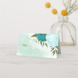 Cartão De Mesa flores turquesas folhas verdes