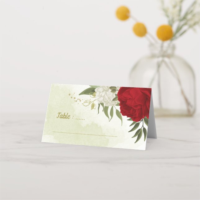 Cartão De Mesa flores vermelhas folhas verdes casamento (Frente)