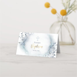 Cartão De Mesa Folhagem de aquarela azul Baptism Folheto de Local