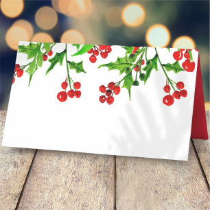 Cartão De Mesa Folhagem de Berry com Holly Watercolor Feriado