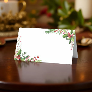 Cartão De Mesa Folhagem de Watercolor Holly Férias
