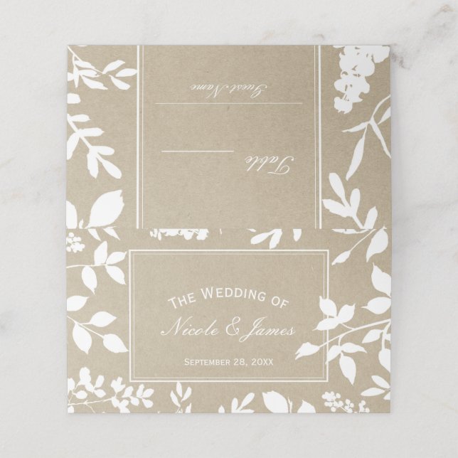 Cartão De Mesa Folhas Botânicas Brancas Simples Mesa De Casamento (Exterior/Desdobrado)