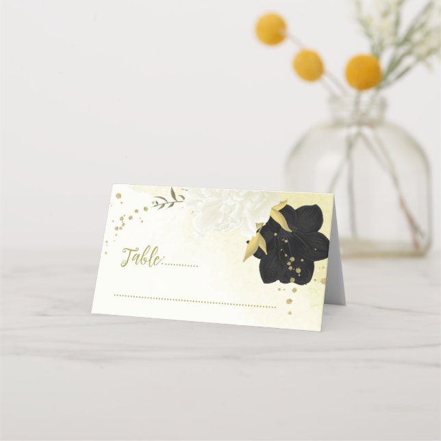 Cartão De Mesa folhas de ouro de flores brancas pretas (Frente)