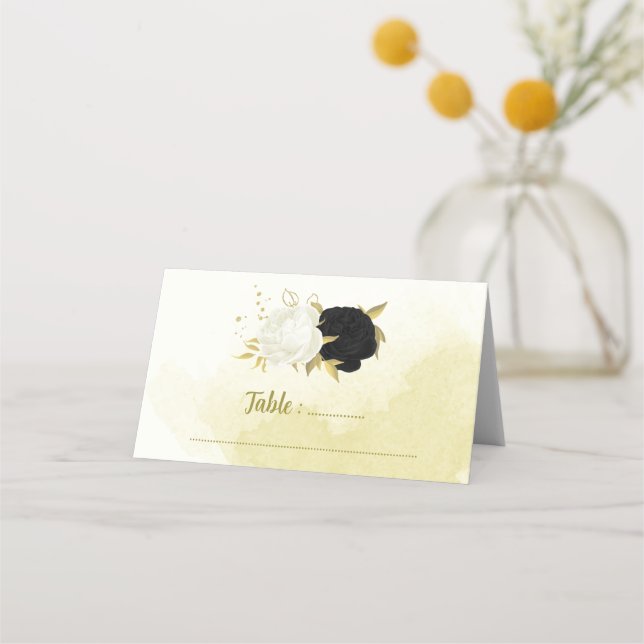 Cartão De Mesa folhas de ouro de flores brancas pretas (Frente)
