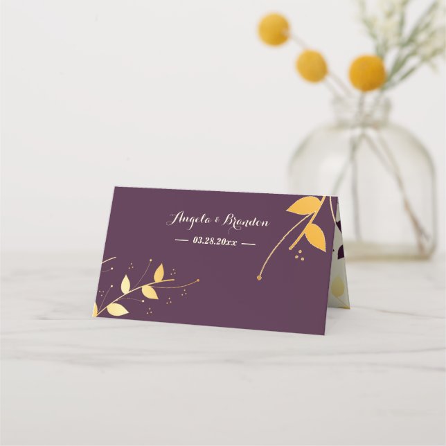 Cartão De Mesa Folhas de Ouro Roxo Elegante (Verso)