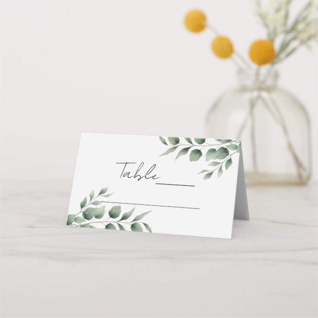 Cartão De Mesa Folhas de Verde Mínimo Casamento Branco Moderno (Frente)