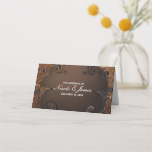 Cartão De Mesa Folhas Ornamentais de Outono Antigo Dourado para M