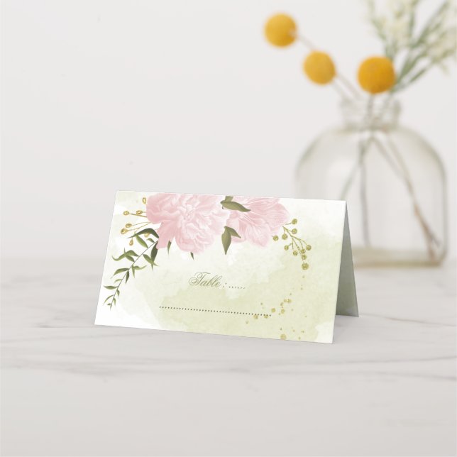 Cartão De Mesa Folhas verdes, cor-de-rosa bonito (Frente)
