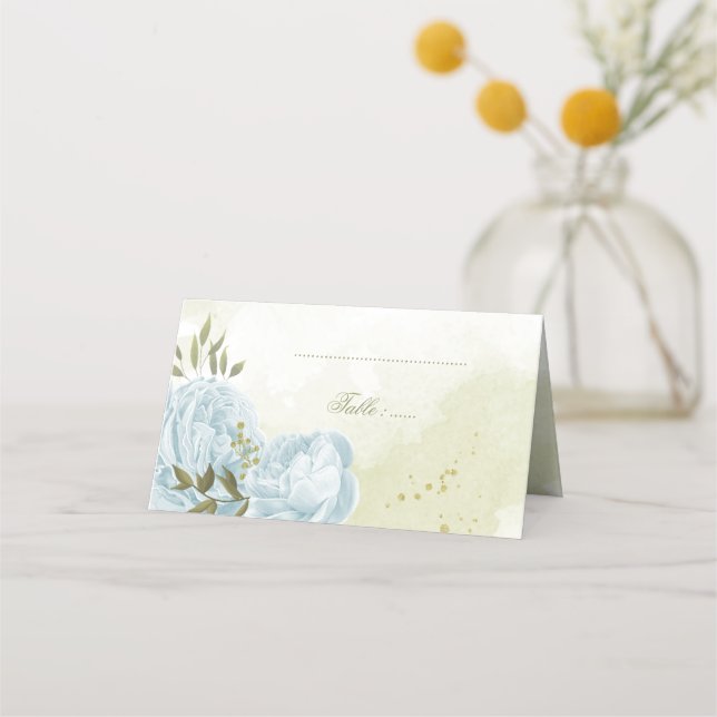 Cartão De Mesa Folhas verdes de flores azuis bonito (Frente)
