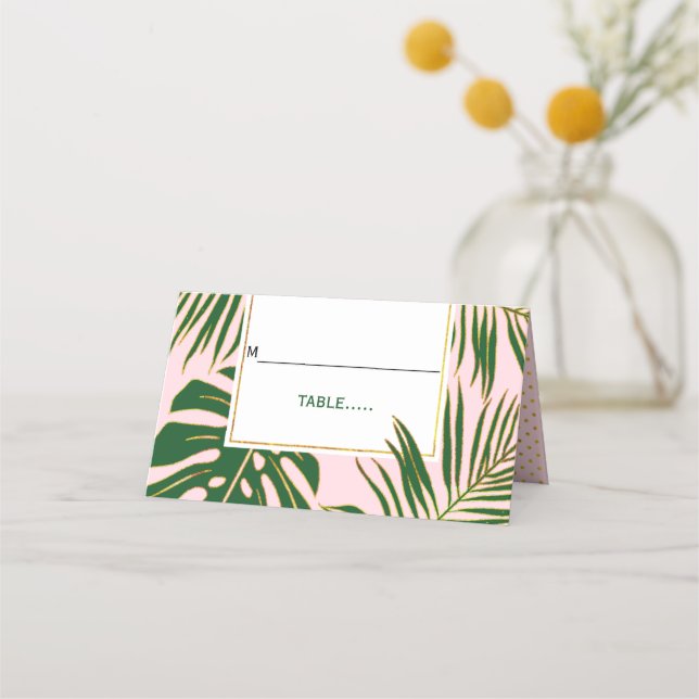 Cartão De Mesa Folhas verdes tropicais cor-de-rosa escolta dobrad (Frente)