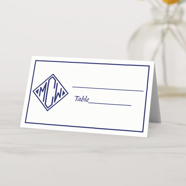 Cartão De Mesa Fonte de Monograma de Diamante Azul Naval Branco D (Criador carregado)