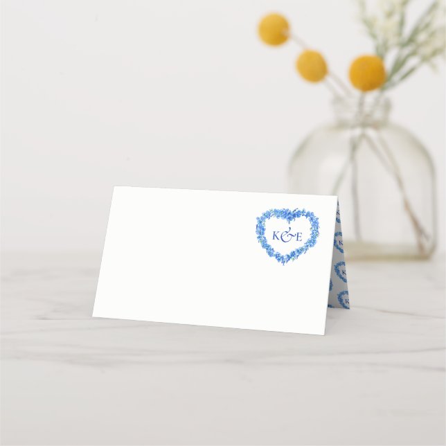Cartão De Mesa Forget me not heart art monogram wedding blue (Frente)