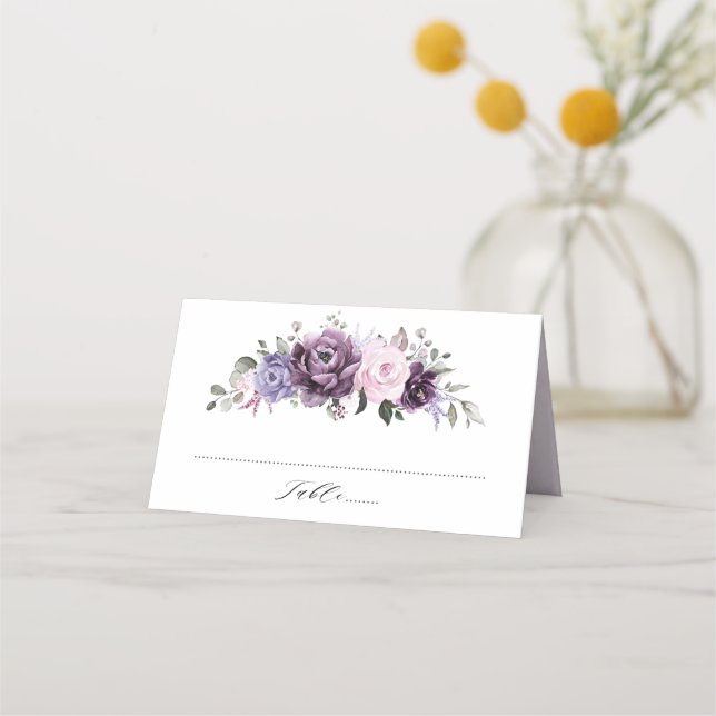 Cartão De Mesa Formas de Casamento Floral Moody Blooms Roxo Dusty (Frente)