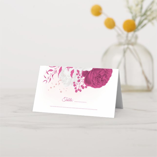 Cartão De Mesa fuchsia e casamento floral branco (Frente)