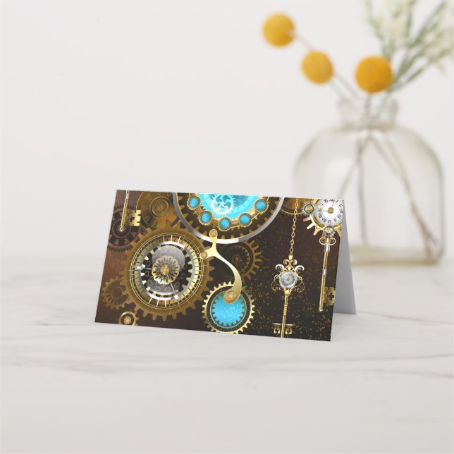 Cartão De Mesa Fundo Rusty Steampunk com Lentes Turquesa (Frente)