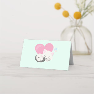 Cartão De Mesa Gato doce e gata dormindo com coração rosa