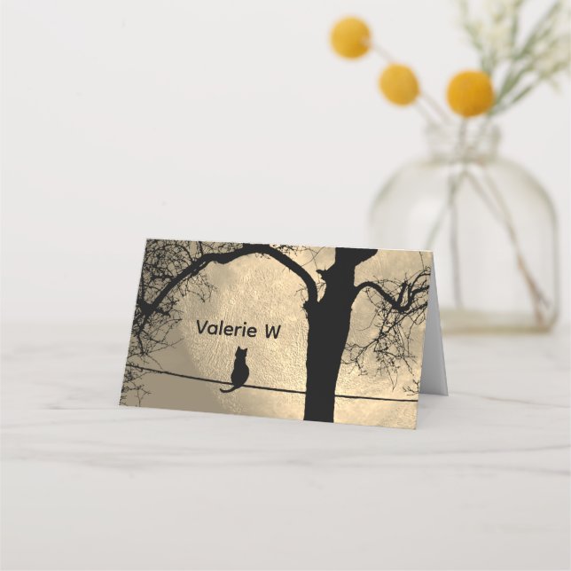 Cartão De Mesa Gato em uma lua cheia de fio (Frente)