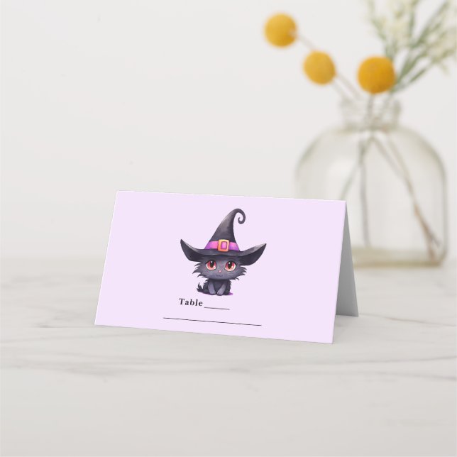 Cartão De Mesa Gato preto bonito Vestindo chapéu de bruxa (Frente)
