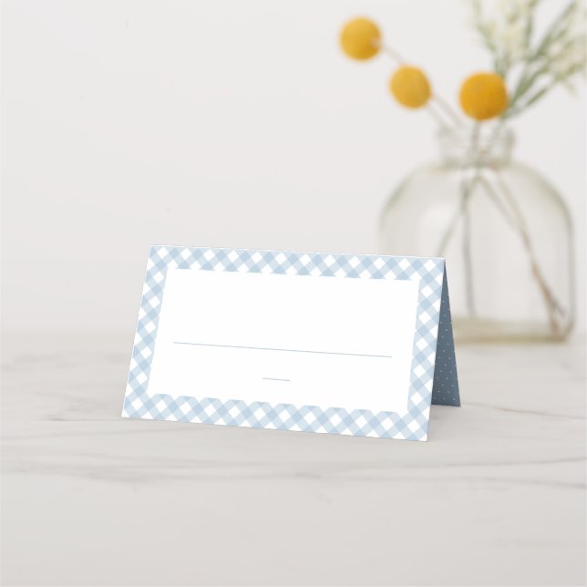 Cartão De Mesa Gingham azul bonito cheque simples chá de fraldas  (Frente)