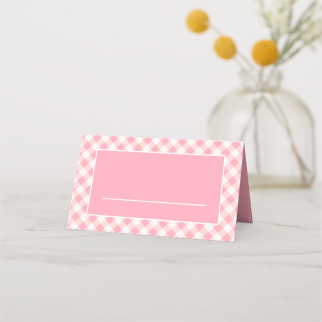 Cartão De Mesa Gingham branco rosa clássico com verificação (Frente)