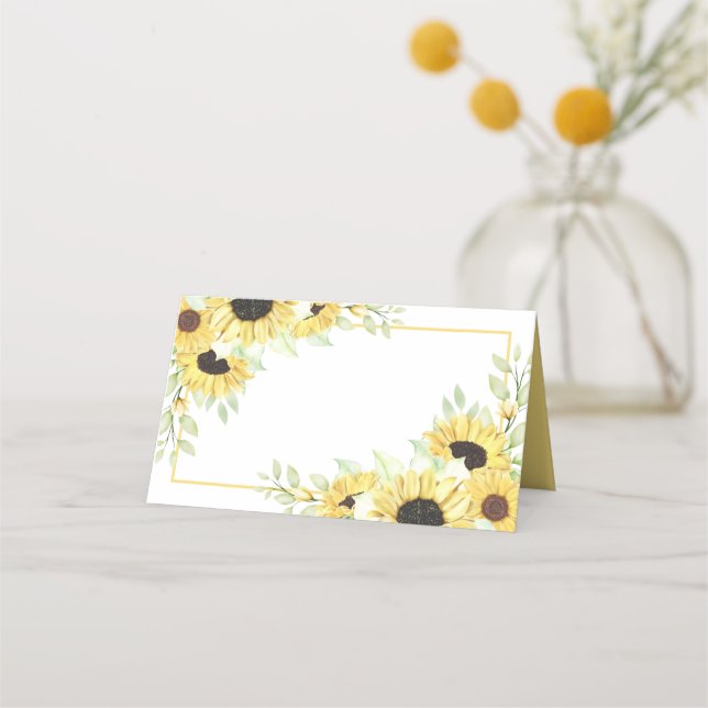Cartão De Mesa Girassóis Aquarela Amarelo Casamento Floral (Frente)
