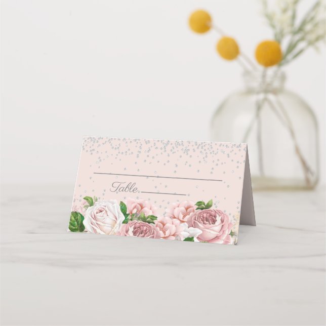 Cartão De Mesa Glitter de Prata Floral Rosa Elegante (Frente)