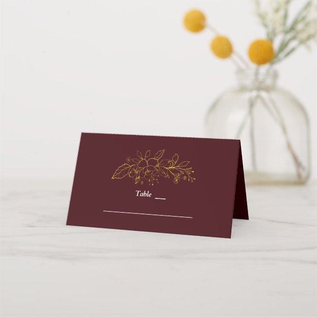 Cartão De Mesa Gold Floral Deep Burgundy Wedding Table Number (Frente)
