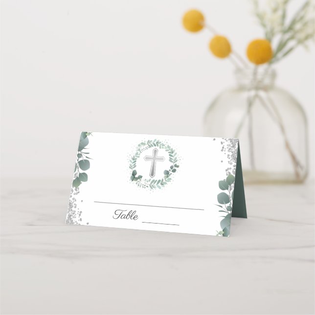 Cartão De Mesa Greenery Wreath Silver Glitter Primeira Comunhão (Frente)