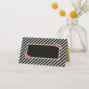 Cartão De Mesa Grelhas Pretas Chic com Flores de Aquarela