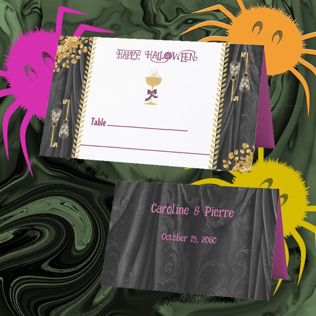 Cartão De Mesa Halloween Dourado Glitter Skulls & Champagne (Criador carregado)