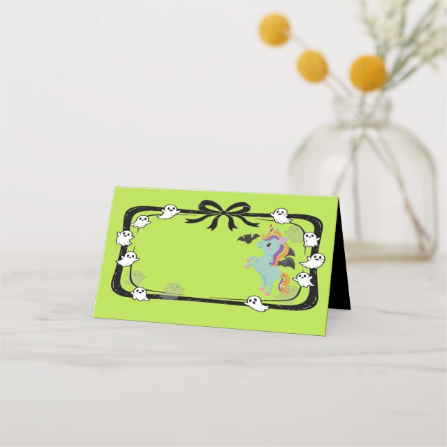 Cartão De Mesa Halloween Unicorn Greeting Bat Place Card (Frente)