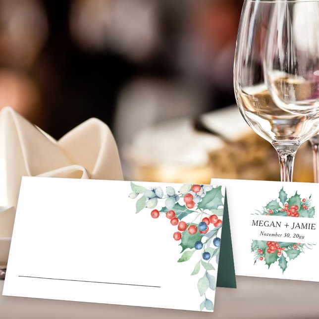 Cartão De Mesa Holly e Berries Casamento no inverno (Table place cards for winter wedding, christmas rehearsal dinner, festive wedding reception ..)