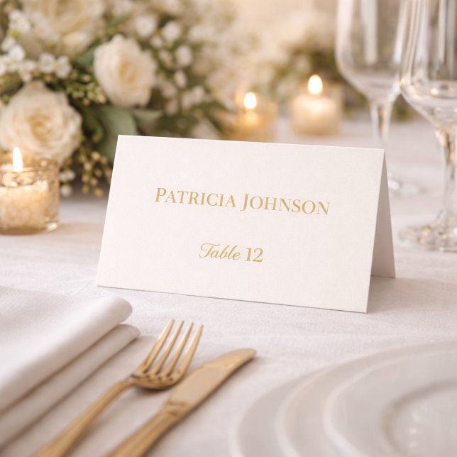 Cartão De Mesa Ivory and Gold 50th Anniversary Folded Place Card (Folded place card on elegant table with florals, candles, and cutlery)