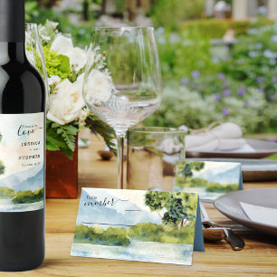 Cartão De Mesa Lago Evergreen Watercolor Casamento Dusty Blue