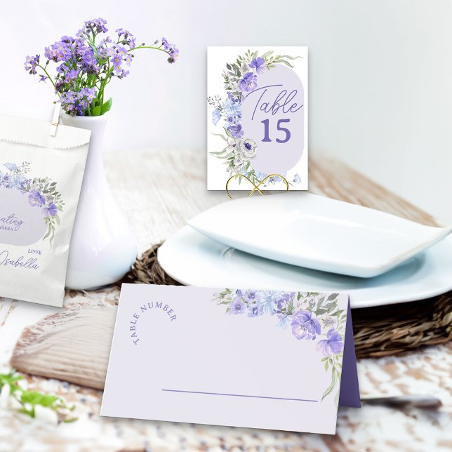 Cartão De Mesa Lavanda Roxa Peri Floral (Table place cards in lavender lilac and purple, personalized on the back with floral design)