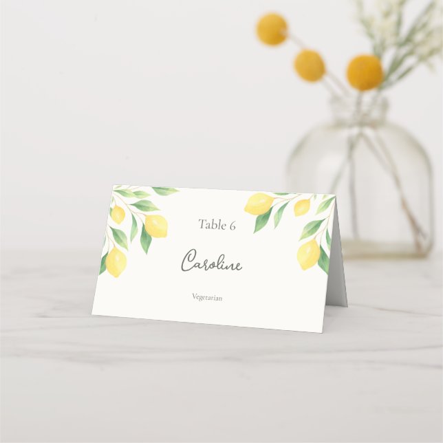 Cartão De Mesa Lemon Citrus Greenery Wedding Place Card with Meal (Frente)