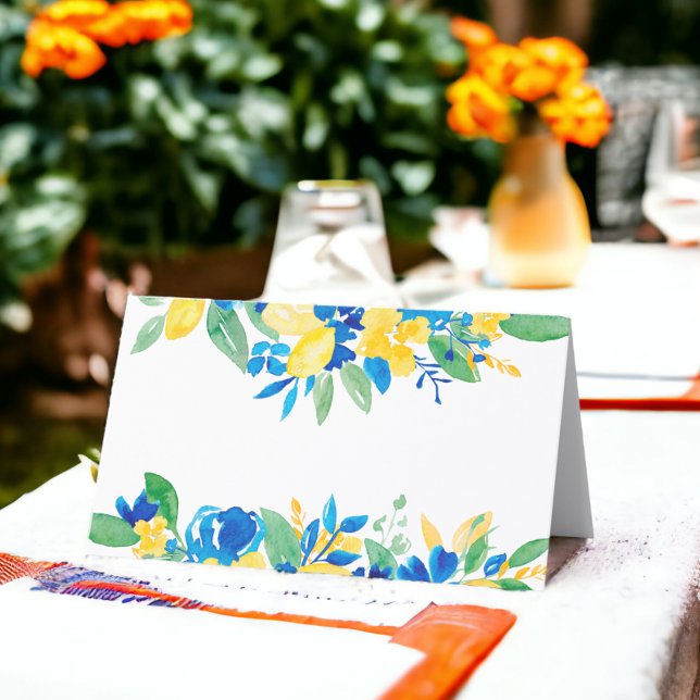 Cartão De Mesa Limões amarelos azuis nome do chá de panela floral (Blue yellow lemons floral bridal shower name place card)