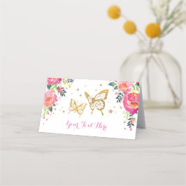 Cartão De Mesa Linda Borboleta Rosa Dourado Aquarela Floral