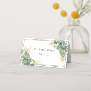 Cartão De Mesa Lindo Eucalipto Aquarela com Filigrana Dourada