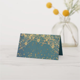 Cartão De Mesa Luzes de Corda Glitter Dourado Turquesa Bokeh