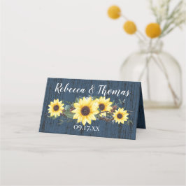 Cartão De Mesa Madeira Rústica e Girassóis Azul