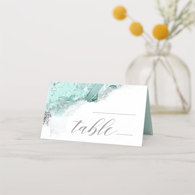 Cartão De Mesa Marble Glitter Wedding Mesa Teal Silver ID644 (Frente)