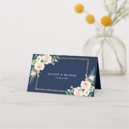Cartão De Mesa Marinho azul e blush aquarela casamento floral
