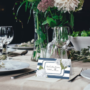 Cartão De Mesa Marinho Azul e Branco Hydrangea Arte Floral