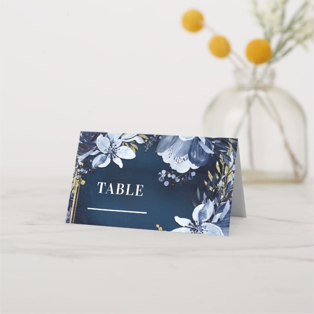 Cartão De Mesa Marinho Azul e Dourado Aquarela Placa Mesa Floral (Frente)