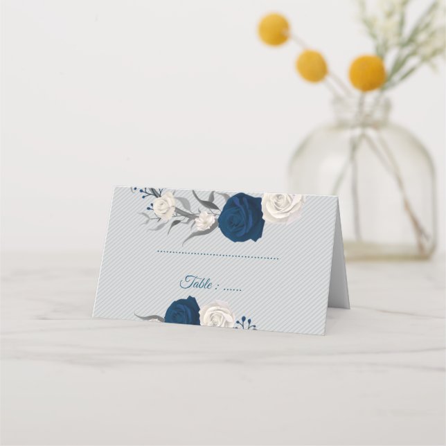 Cartão De Mesa marinho azul e flores brancas folhas prateadas cin (Frente)