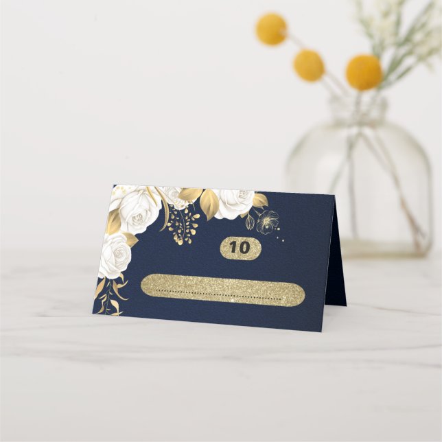 Cartão De Mesa marinho botânico de ouro branco azul (Frente)