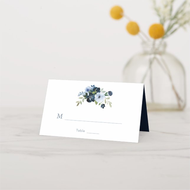 Cartão De Mesa Marinho de aquarela e casamento floral azul claro (Frente)