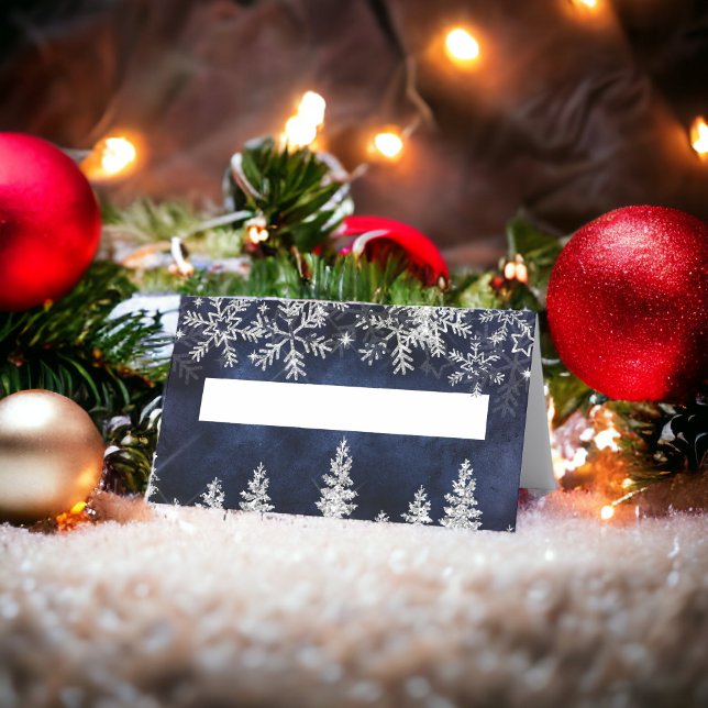 Cartão De Mesa Marinho de pinheiro prateado de inverno Natal (Winter silver snow pine navy corporate Christmas Place Card)