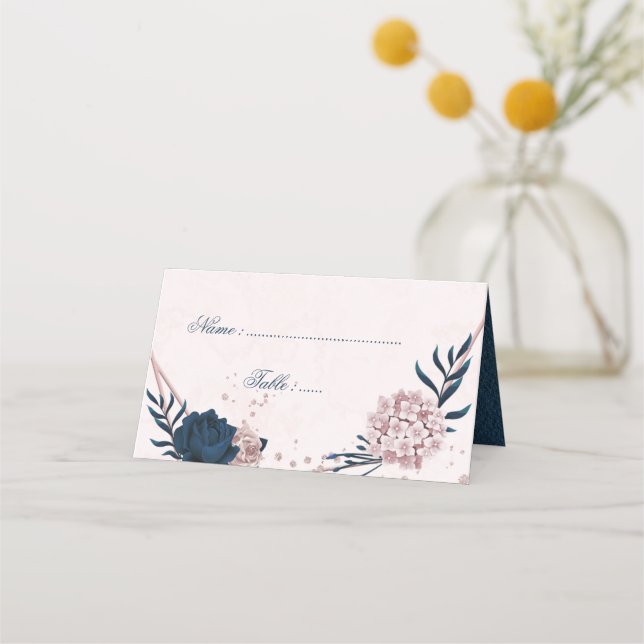 Cartão De Mesa Marinho romântico e flores cor-de-rosa (Frente)